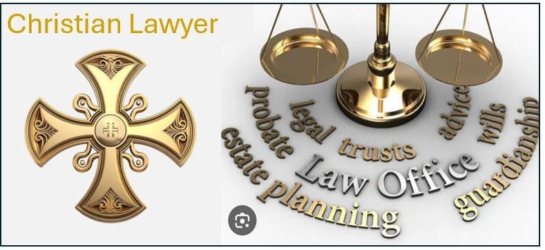 Christian-themed legal image with brass scales of justice and a cross, representing estate planning and probate services.